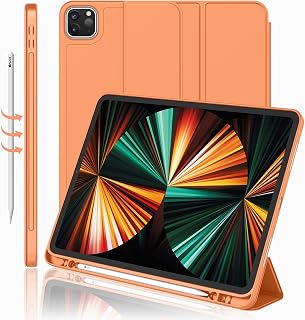 iMieet New iPad Pro 12.9 Case 2022(6th Gen)/2021(5th Gen) with Pencil Holder [Support iPad 2nd Pencil Charging/Pair],Trifold Stand Smart Case with Soft TPU Back,Auto Wake/Sleep(Orange)