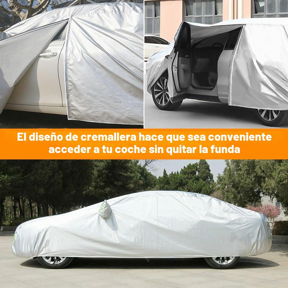 Funda de Coche, Anti-UV Resistente al Polvo Rasguño Nieve Sol al Aire Libre, Funda Protectora para Coche Universal con Bolsa de Almacenamiento, Forro Algodón & Diseño con Cremallera Lateral