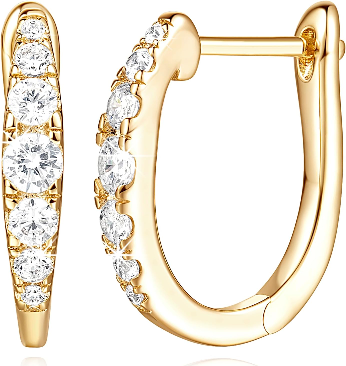 14K Gold Earrings for Women Trendy, Stylish Gold Diamond Earrings for Women, Unique U-shaped Gold Huggie Hoop Earrings, Elegant Small Gold Hoop Earrings, Gold Earrings, 16MM, Lightweight CZ