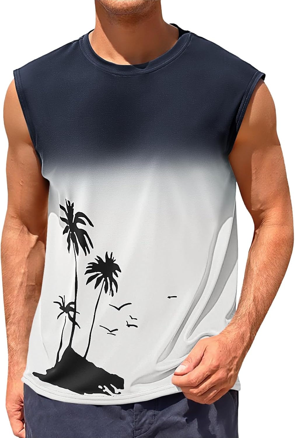 Runcati Mens Graphic Tank Tops Sleeveless Palm Tree Gradient Shirts Beach Hawaiian Gym Muscle Workout Tops