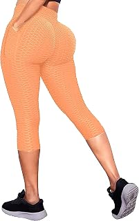 Trending Leggings Women's High Waist Yoga Pants Ruched Butt Lift Leggings Textured Scrunch Booty Tights,Orange,L