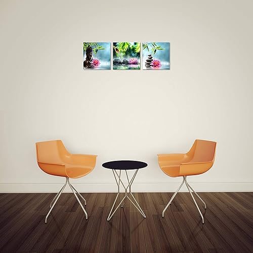 Miniatura 4 de TutuBeer Lienzo zen, 3 paneles, decoración de pared de spa, piedra de spa, verde, bambú, rosa, lirio de agua zen, Buda zen, impresión de pintura