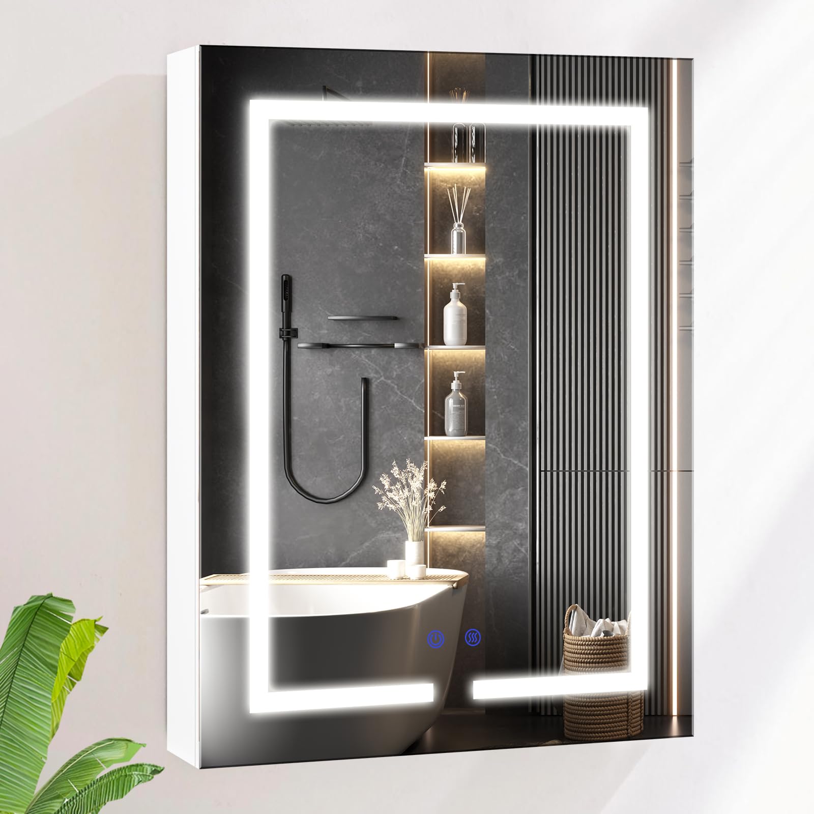 Armario con espejo de baño con iluminación LED, 3 luces ajustables, armario con espejo grande con estante y enchufe, armario de pared antivaho para ahorrar espacio, 60 x 80 cm, color blanco