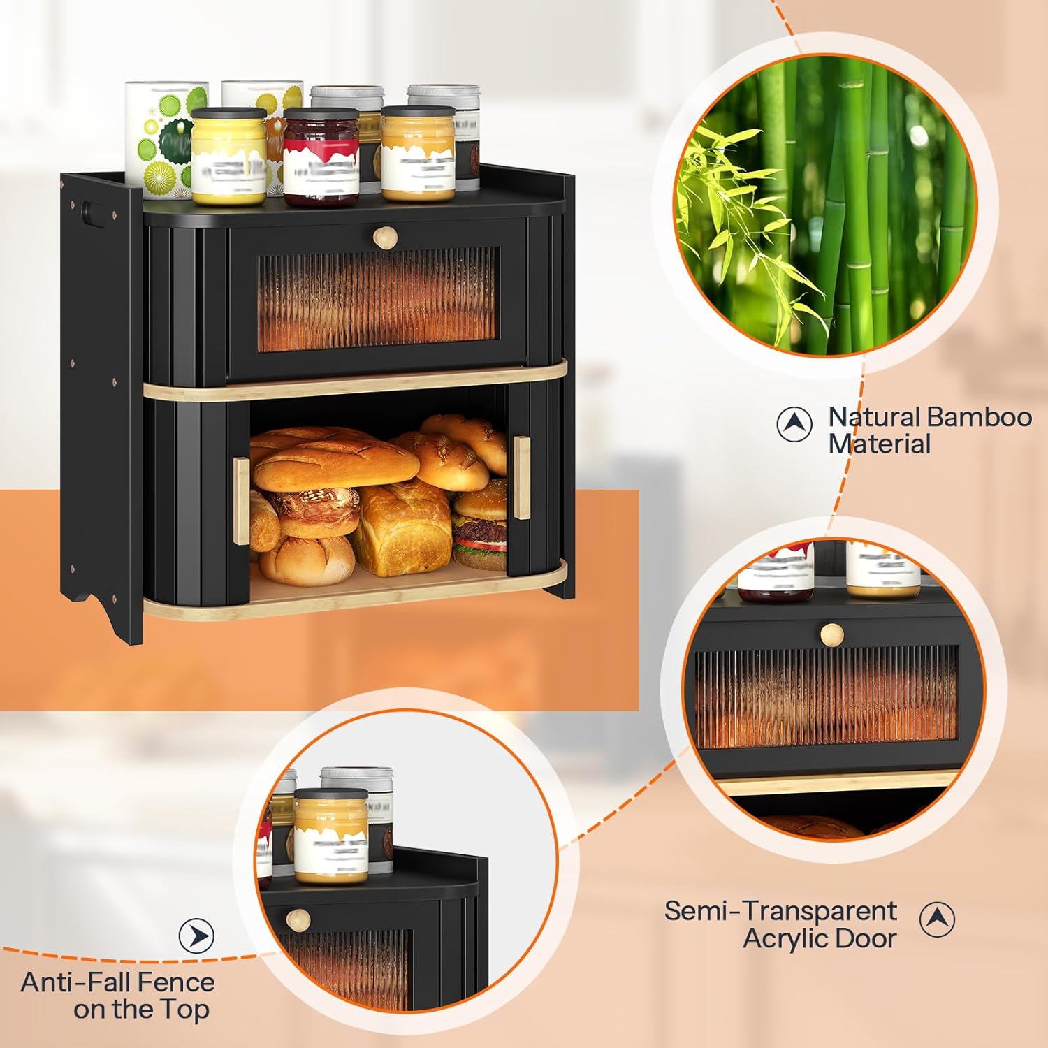 HOOBRO Bread Box, Bamboo Bread Box for Kitchen Countertop, 2 Tier Roll-Top Bread Bin, Food Storage Box, Bread Storage Container, for Kitchen, Dining Room, Black and Natural BK16MB01