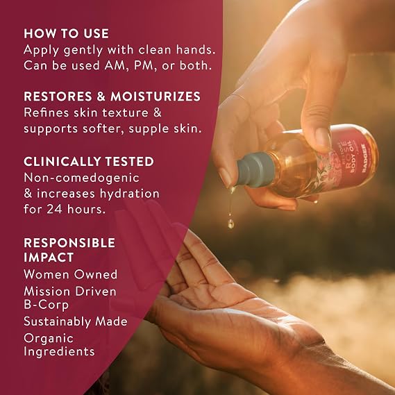 Badger Organic Rose Body Oil, Jojoba & Pomegranate, 4 fl oz Glass Bottle