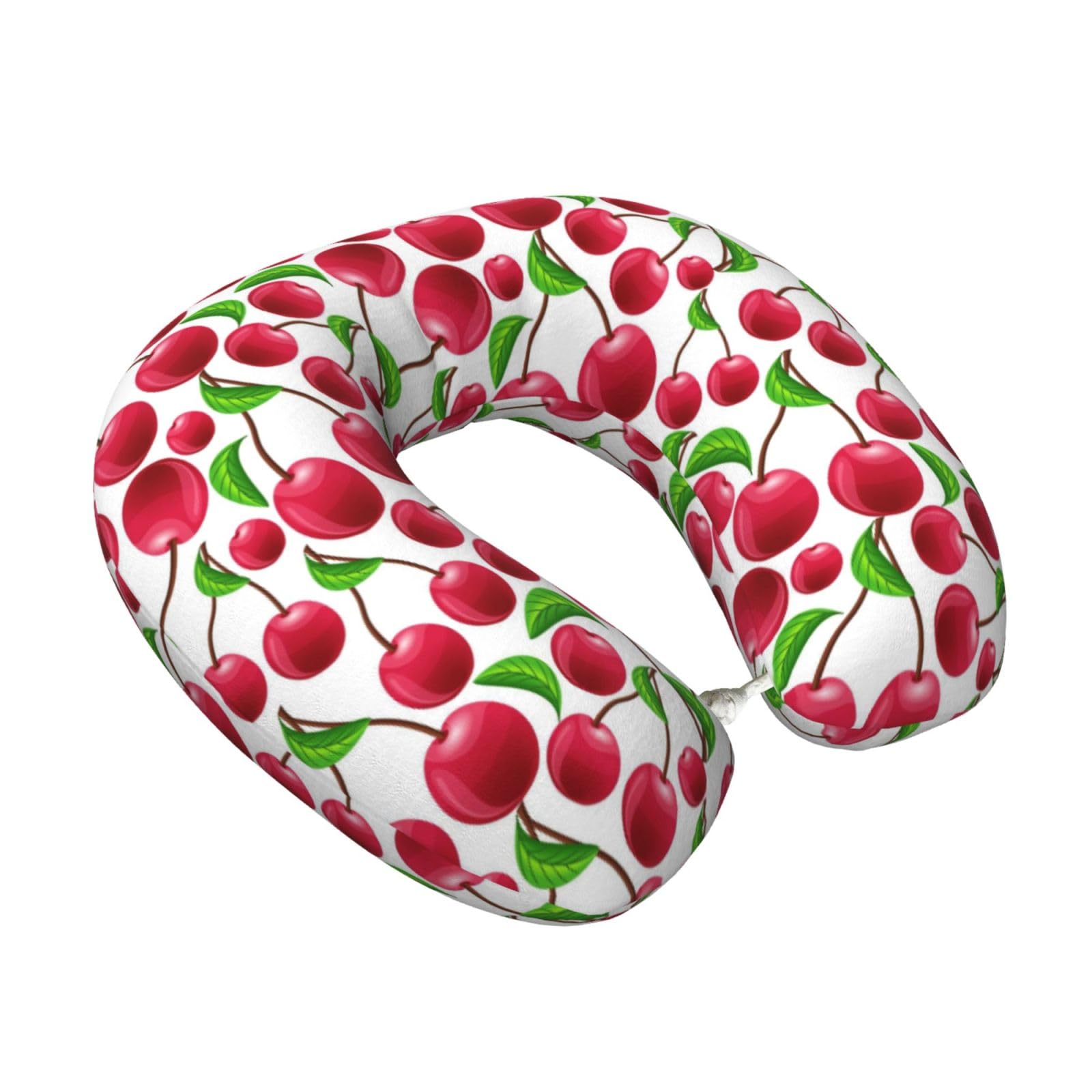 LKYMOH Red Cherries Printed, Travel Neck Pillow U-Shaped Memory Neck Support Soft Comfortable With Washable Cover For Airplane Car Traveling and Office