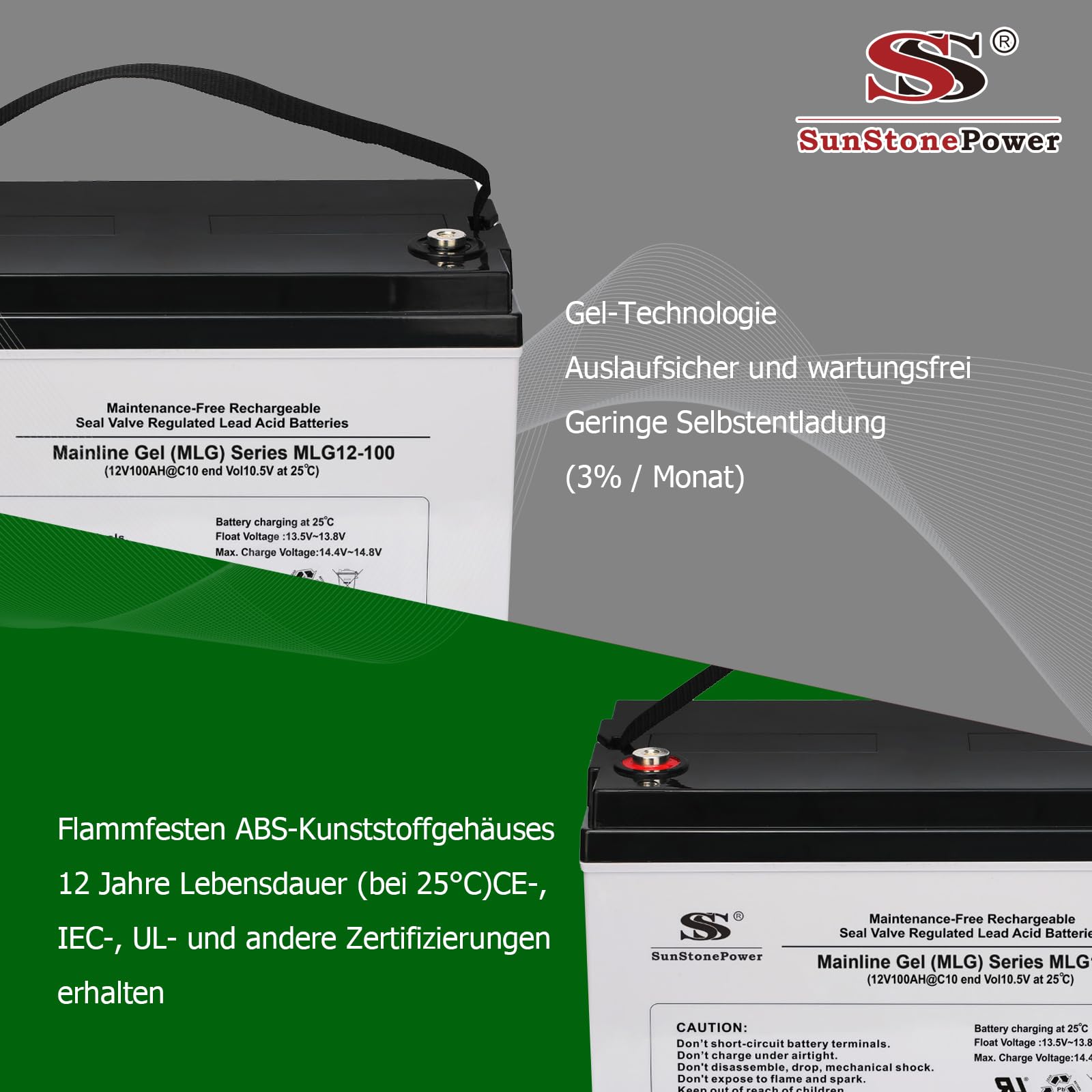 Sunstone wartungsfreier Blei Gel Batterie 12V 100AH (C10), 0% MwSt, zyklenfest Gel Solarspeicher für PV Anlagen USV Notstromversorgung