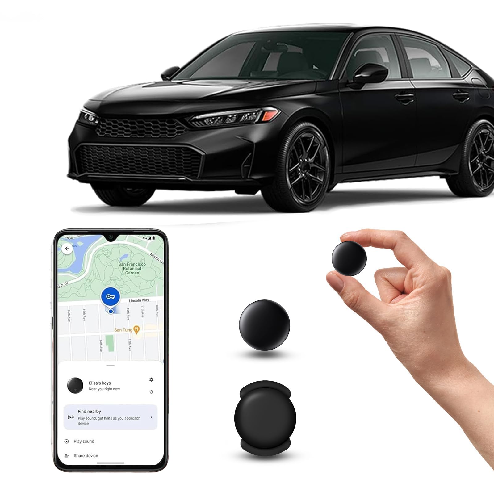 GPS Coche localizador Android, GPS Tracker rastreador magnético Oculto para Coches Sin cuota mensual, Seguimiento en Tiempo Real para niños, Mascotas, Compatible con goo- gle Find My no SIM (1 Negra)