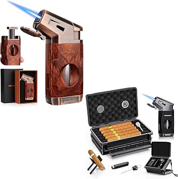 Torch Lighter with Travel Cigar Humidor Case Set, Travel Cigar Humidor Case Set