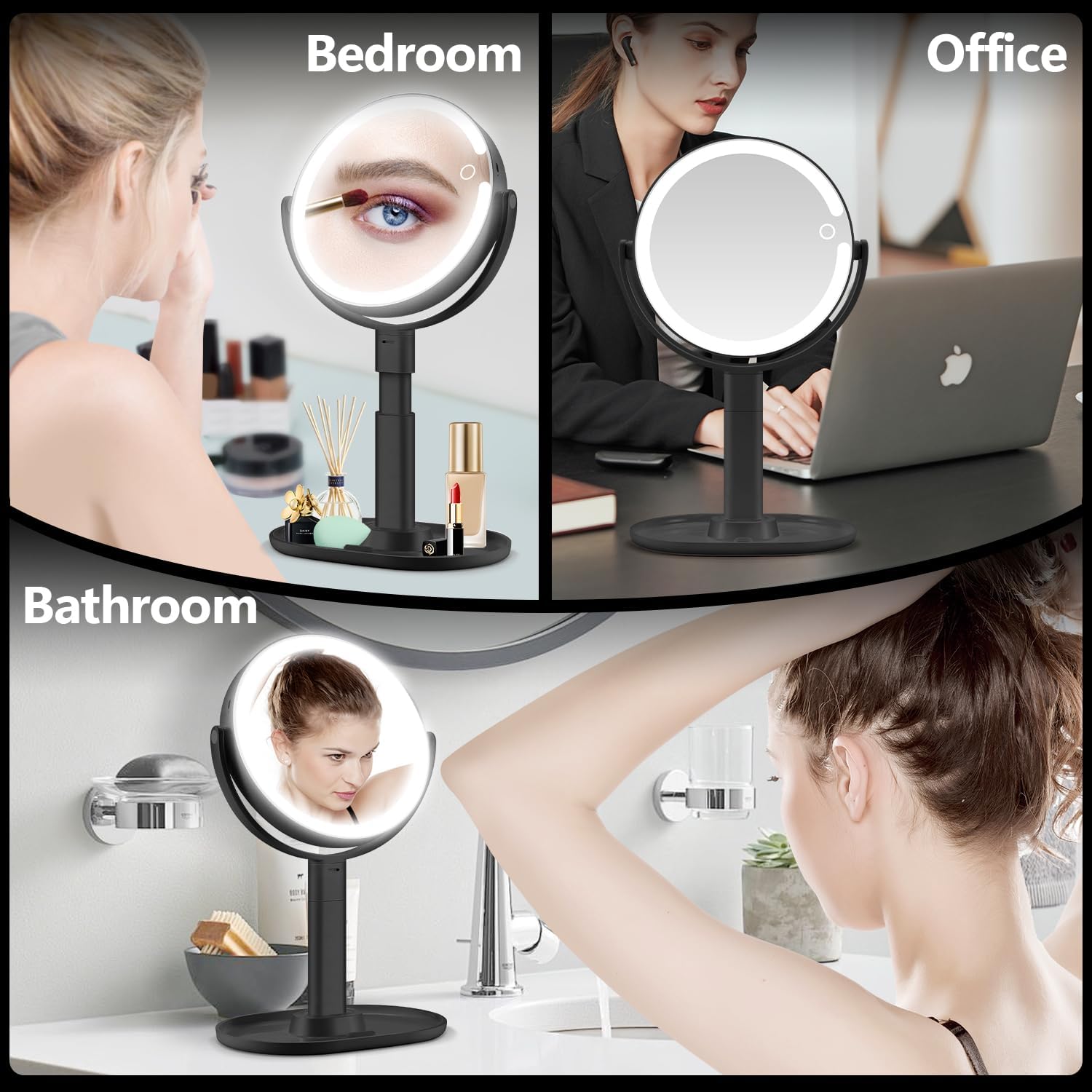 MIYADIVA Makeup Mirror with Lights, 30X Magnifying Mirror with Light and Touch Switch, Vanity Mirror with 3 Color Light and 80 LEDs, Height Adjustable Desk Mirror with Lights, Black