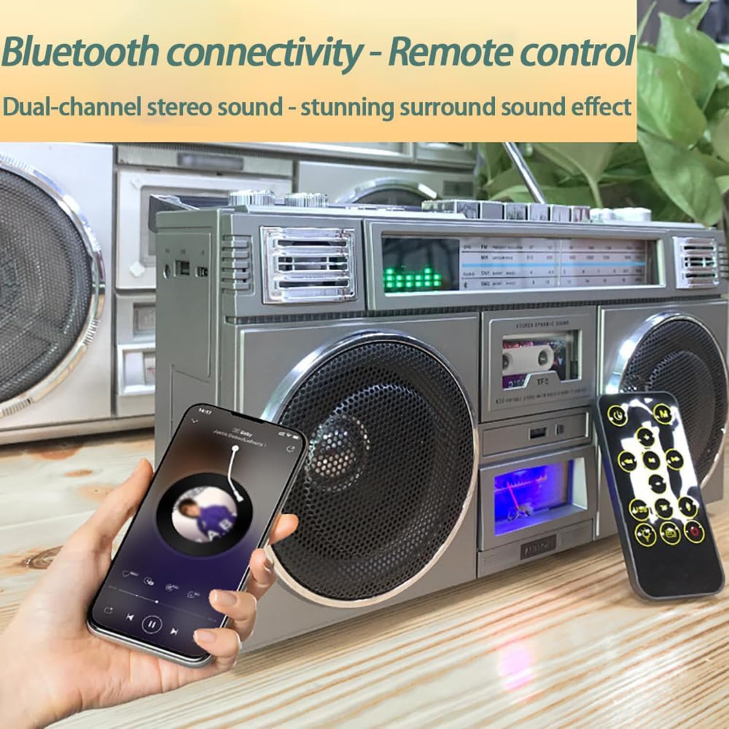 Boombox portatile Bluetooth con mini lettore di cassette, 4 altoparlanti, telecomando, slot USB/Micro SD, perfetto per riunioni di famiglia