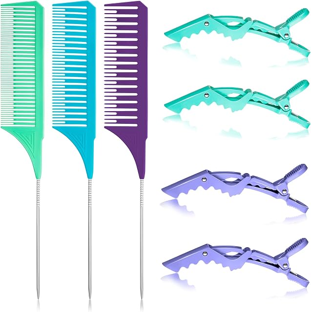 3 Pieces Highlighting Combs with 4 Pastel Alligator Clips Weaving Styling Dyeing Combs Foiling Hair Combs Rat Tail Teasing Combs Balayage Long Handle Combs for Salon Barber Home (Multicolor)