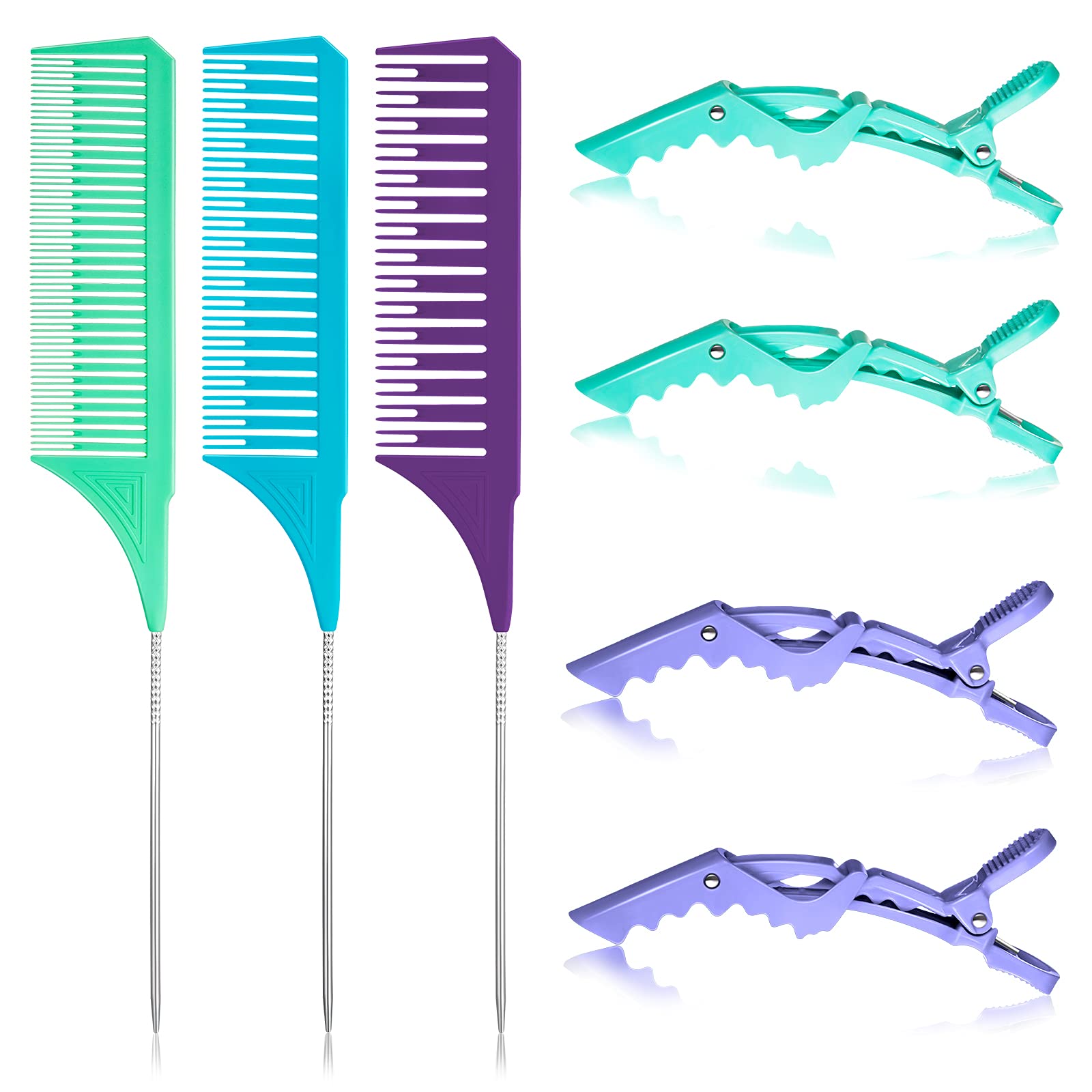 3 Pieces Highlighting Combs with 4 Pastel Alligator Clips Weaving Styling Dyeing Combs Foiling Hair Combs Rat Tail Teasing Combs Balayage Long Handle Combs for Salon Barber Home (Multicolor)