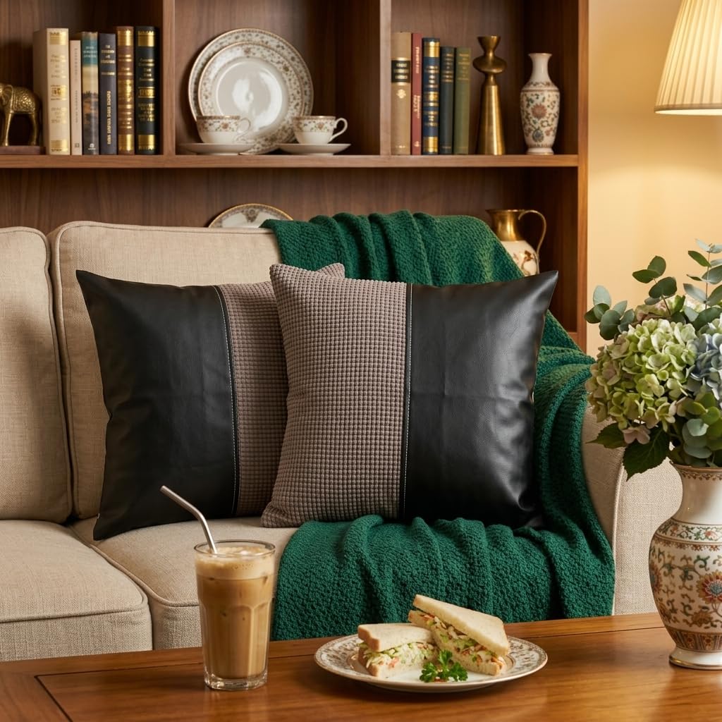 Faux Leather and Tweed Cushion Cover for Sofa | 16 Inch x 16 Inch, Sofa, Living Room. Chic and Minimal.-image-29