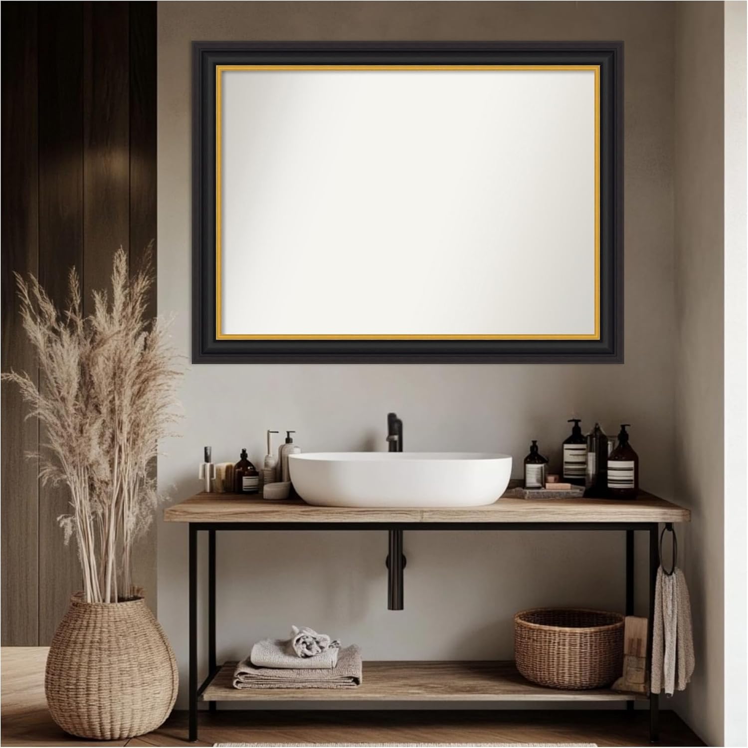 Amanti Art Black Bathroom Mirror for Over Sink, 33x44 Sierra Black Brown Rectangle Vanity Mirror, X-Large Modern Wood Frame, Hangs Horizonally and Vertically, Bathroom Wall Decor, Non-Beveled Edge