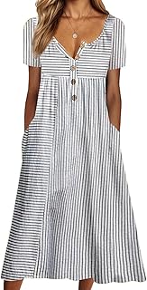 Women's Casual V Neck Midi Tshirt Dress Boho 2025 Summer Short Sleeve Beach Dresses with Pockets - Buy now