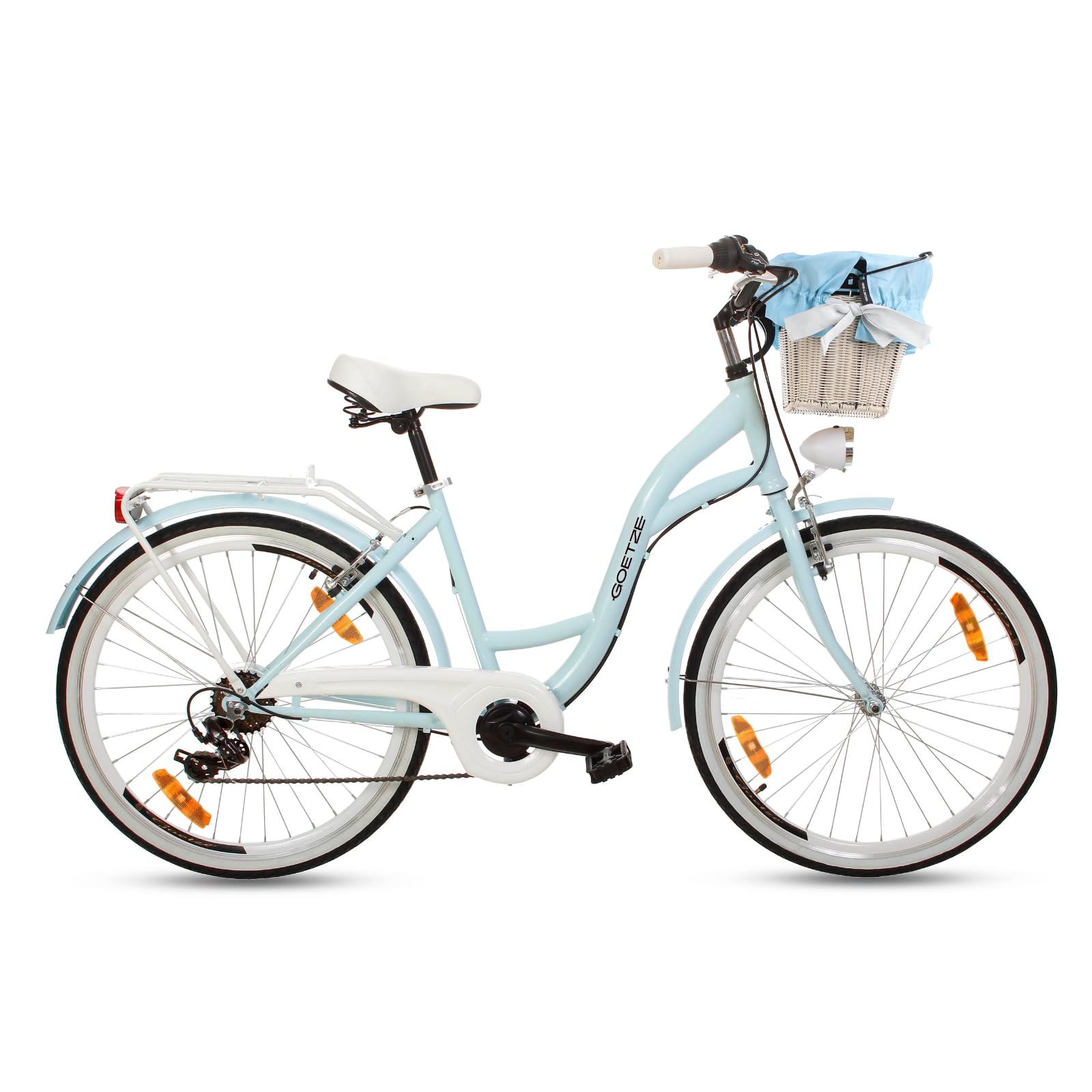 Goetze Mood 26 Zoll Jugendfahrrad, 17 Zoll Tiefeinsteiger Stahlrahmen, 6-Gang Kettenschaltung, doppelte V-Bremsen, LED-Beleuchtung, Rattankorb, Komfortsattel, mit Seitenständer & Klingel