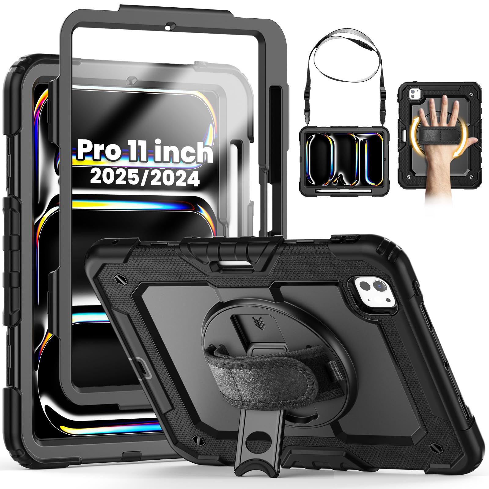 SEYMCY Case for iPad Pro 11 inch M5/M4 2025/2024, (Not suitable for 2018~2022 versions), Shockproof with Screen Protector, 360° Rotating Stand & Hand Strap, Shoulder Strap, Pencil Holder, Black