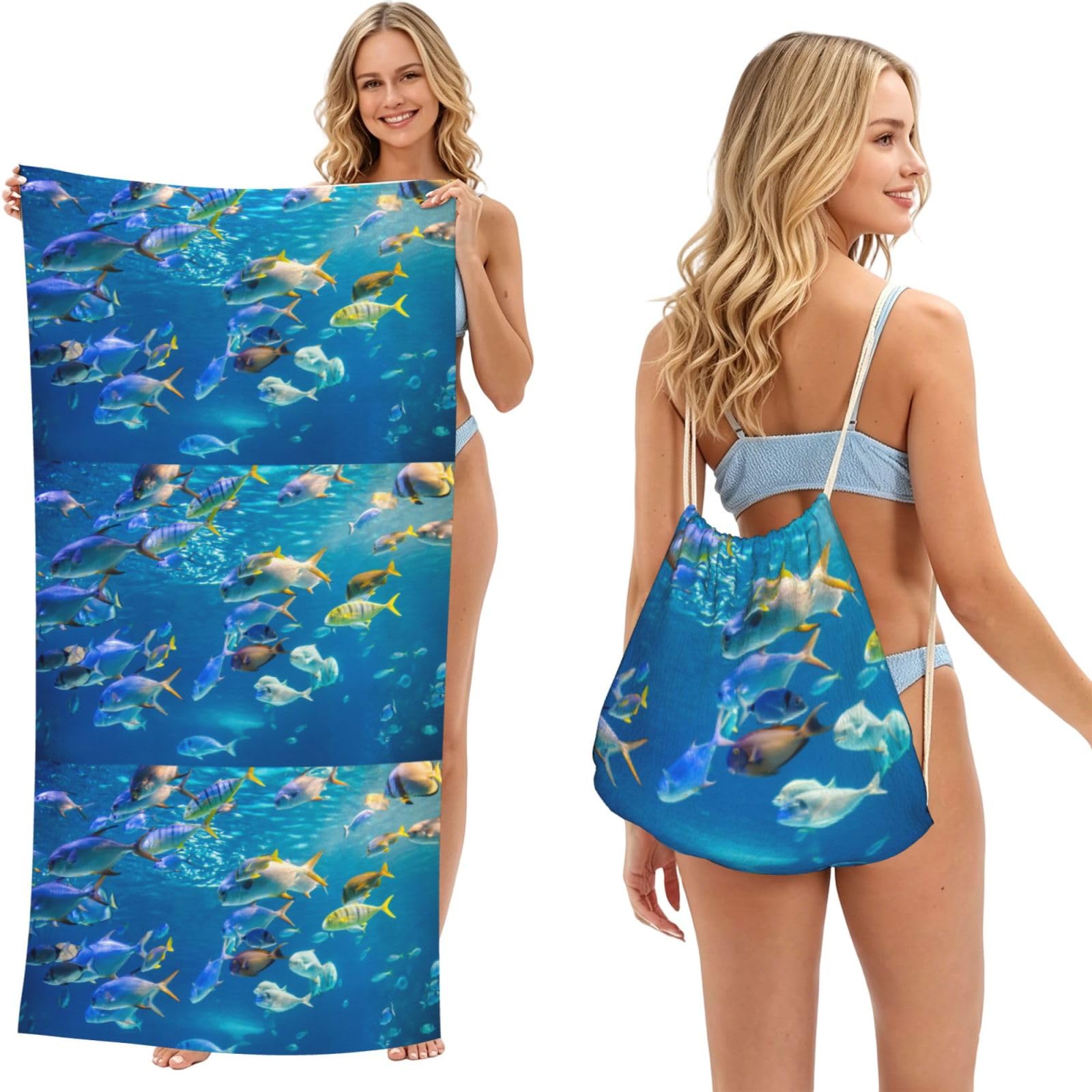 Poadnly As Picture Underwater Tropical Fish, 2 In 1 Packable Towel Bag, Beach Towels With Drawstring Backpack For Travel Holiday Camping