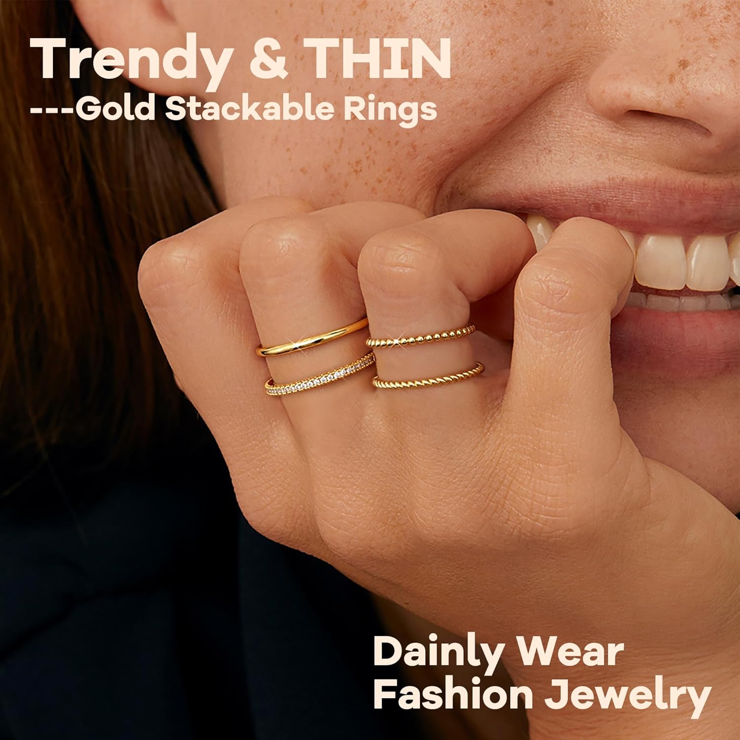 Florideco Stackable Rings for Women Non Tarnish Dainty 14K Gold Plated Stacking Thin Ring Set Trendy Statement Minimalist Cubic Zirconia Band Rings Promise Engagement Rings Size 5-10 - Image 3