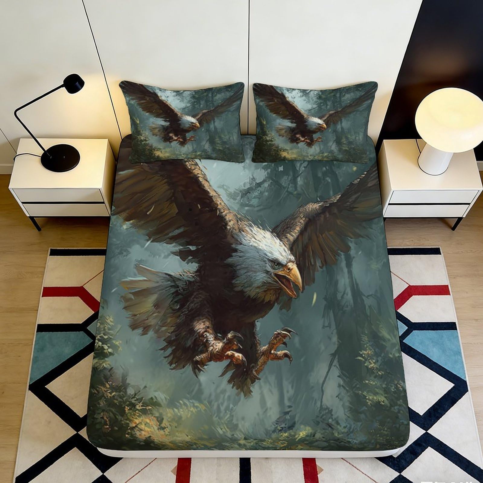 3D Printed Bald Eagle Fitted Sheet Microfiber Soft Forest Bed Cover for Bedroom Guest Room Mattress Decor 90x200x25cm