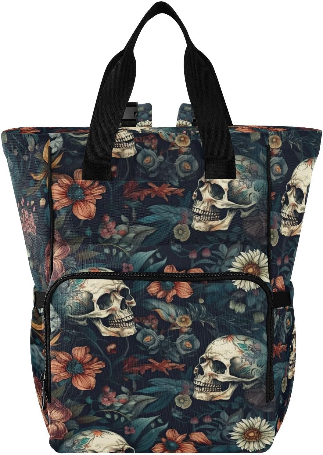 Gothic Skulls Flower Diaper Bag Backpack for Mom Dad with Insulated Feeding Bottle Inserts Large Baby Changing Bag with Stroller Straps 11.02×5.91×15.3 IN