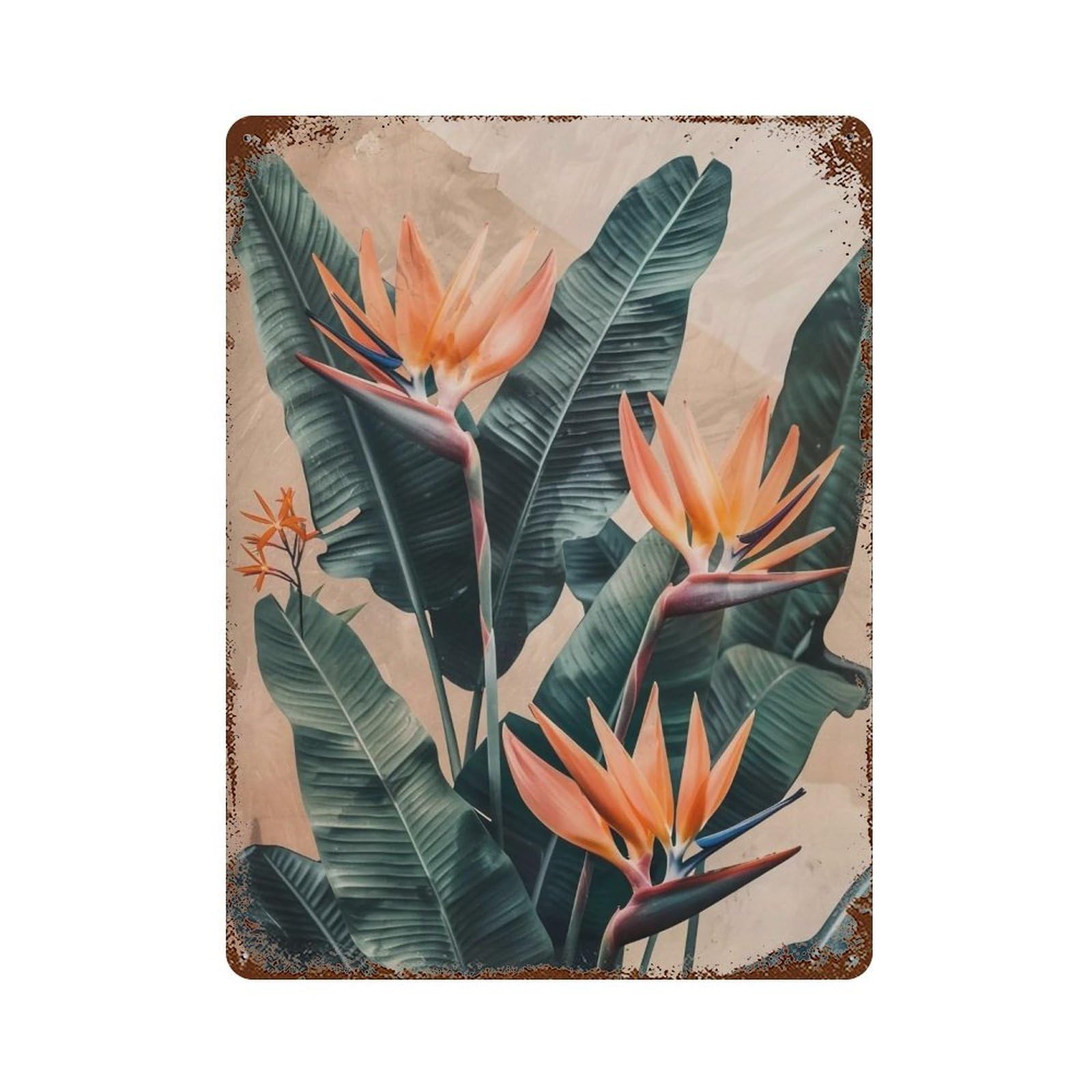 WIHYRTUI Textured Aged Ochre Tropical Bird of Paradise Foliage Vista 03 Wall Retro Iron Metal Tin Sign Vintage Art Poster Modern Home Cofffee Club Art Bar Shop Decor Style 40x30cm