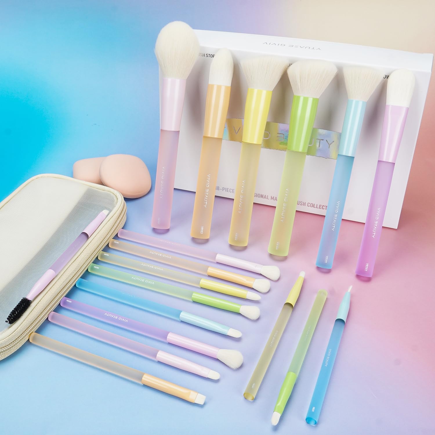 VIVID BEAUTY 18pcs Colorful Makeup Brush Set with Make up Bag and Sponge Applicators for Liquid Foundation - Professional Cosmetics Tools Blush Blending Blender Brushes Gift Pack (Multi-Colored)