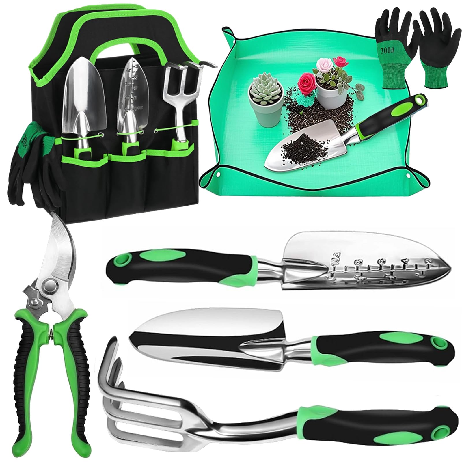 Herramientas de jardín, juego de 7 herramientas manuales de jardinería, juego de regalo de aleación de aluminio ligero a prueba de óxido con bolsa de almacenamiento duradera, mango ergonómico