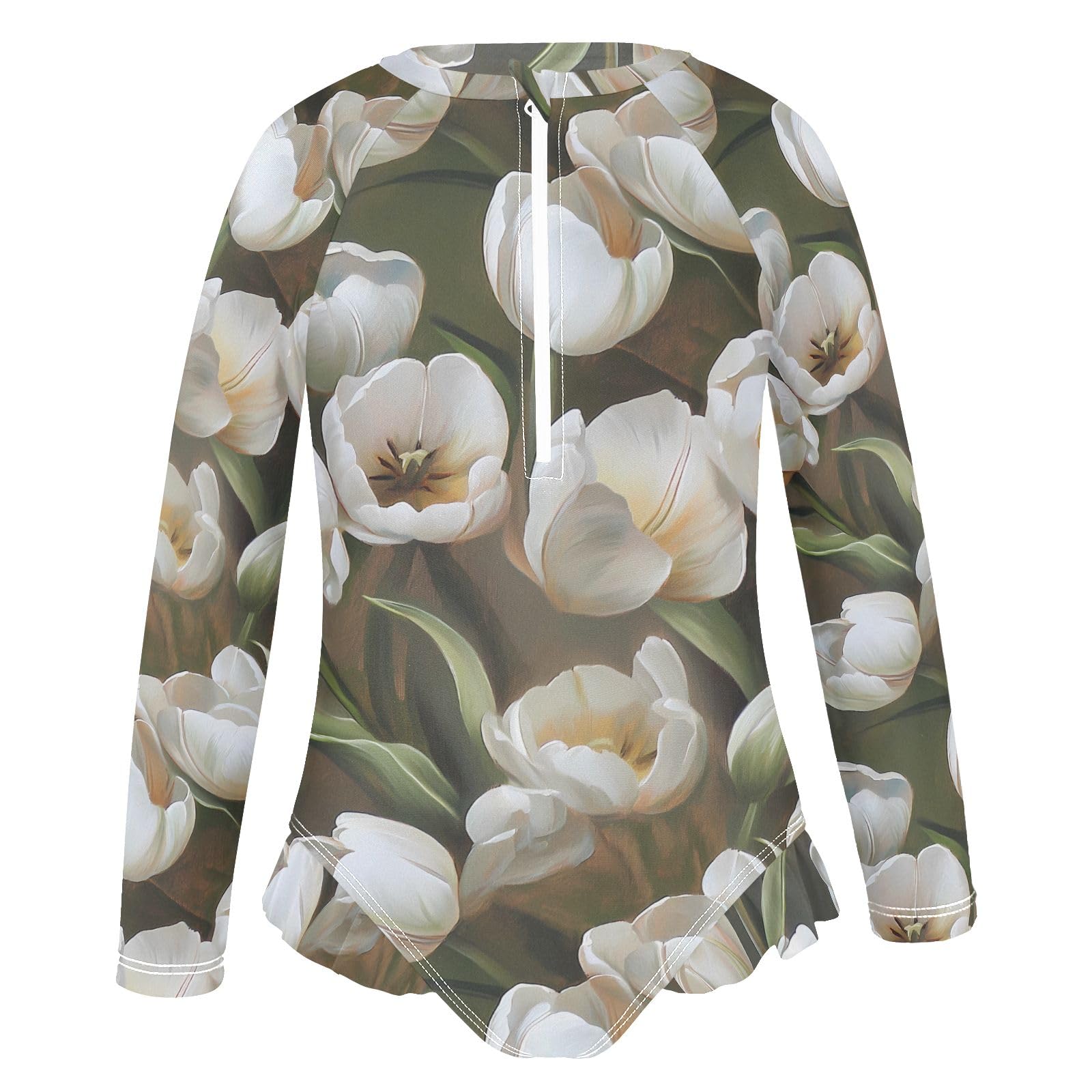 ALAZA Swimsuit for Girls Long Sleeve Rashguard Bathing Suit White Tulips Quick Dry 4T
