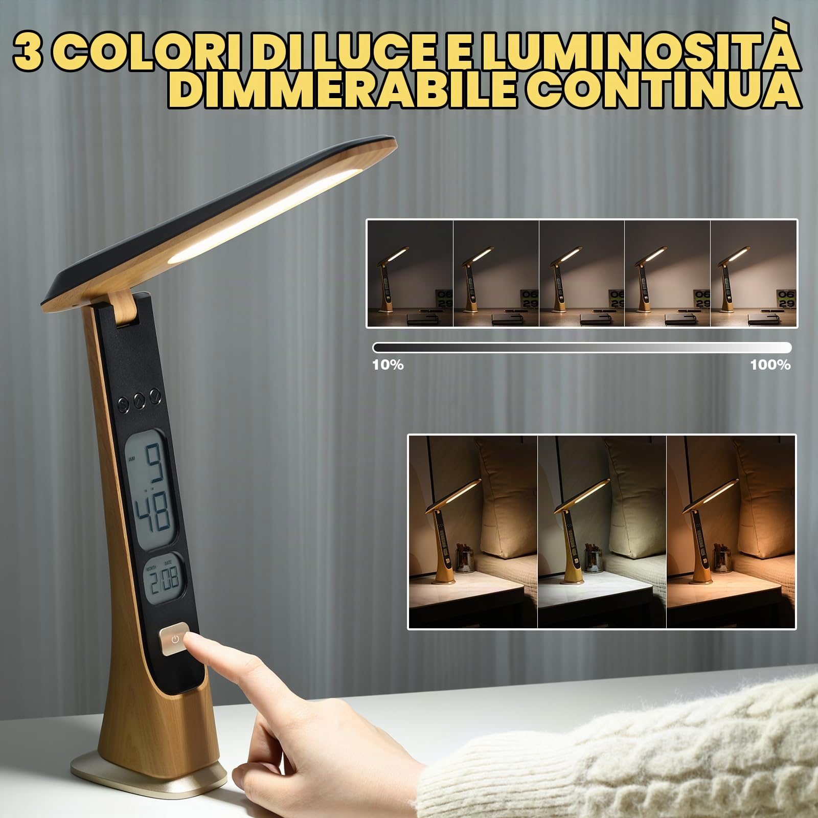 Lampada da Scrivania LED, 3 Colori, Ricaricabile 1800mAh, con Orologio, Controllo Tattile, Pieghevole