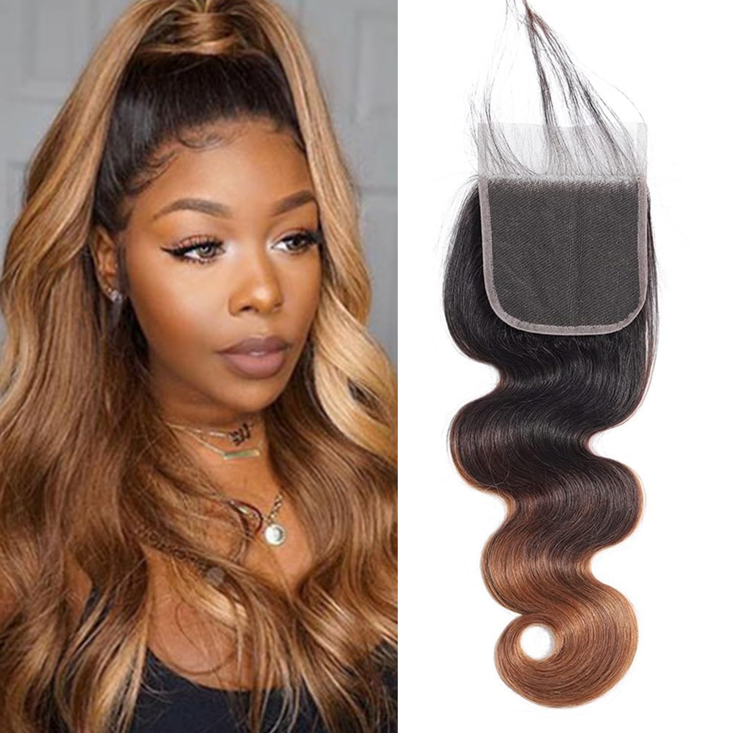 1B/30 Closure Ombre Lace Closure Brazilian Virgin Hair Body Wave 16 Inch Honey Blonde Closure Only Pre Plucked With Baby Hair Transparent Lace 4X4