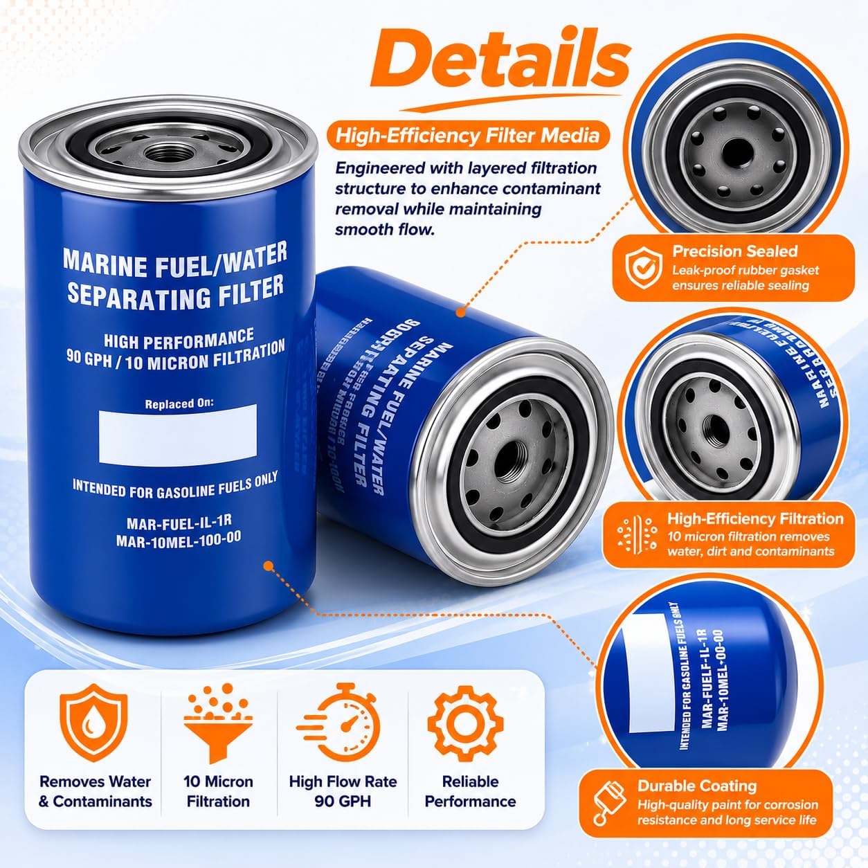 Fuel Water Separating Filter Replacement for Yamaha Outboard Engines 115 HP - Replaces MAR-10MEL-00-00, 18-7866, 9-37807, MAR-24563-00-00 Marine Boat Engine Separator (2 Pack)