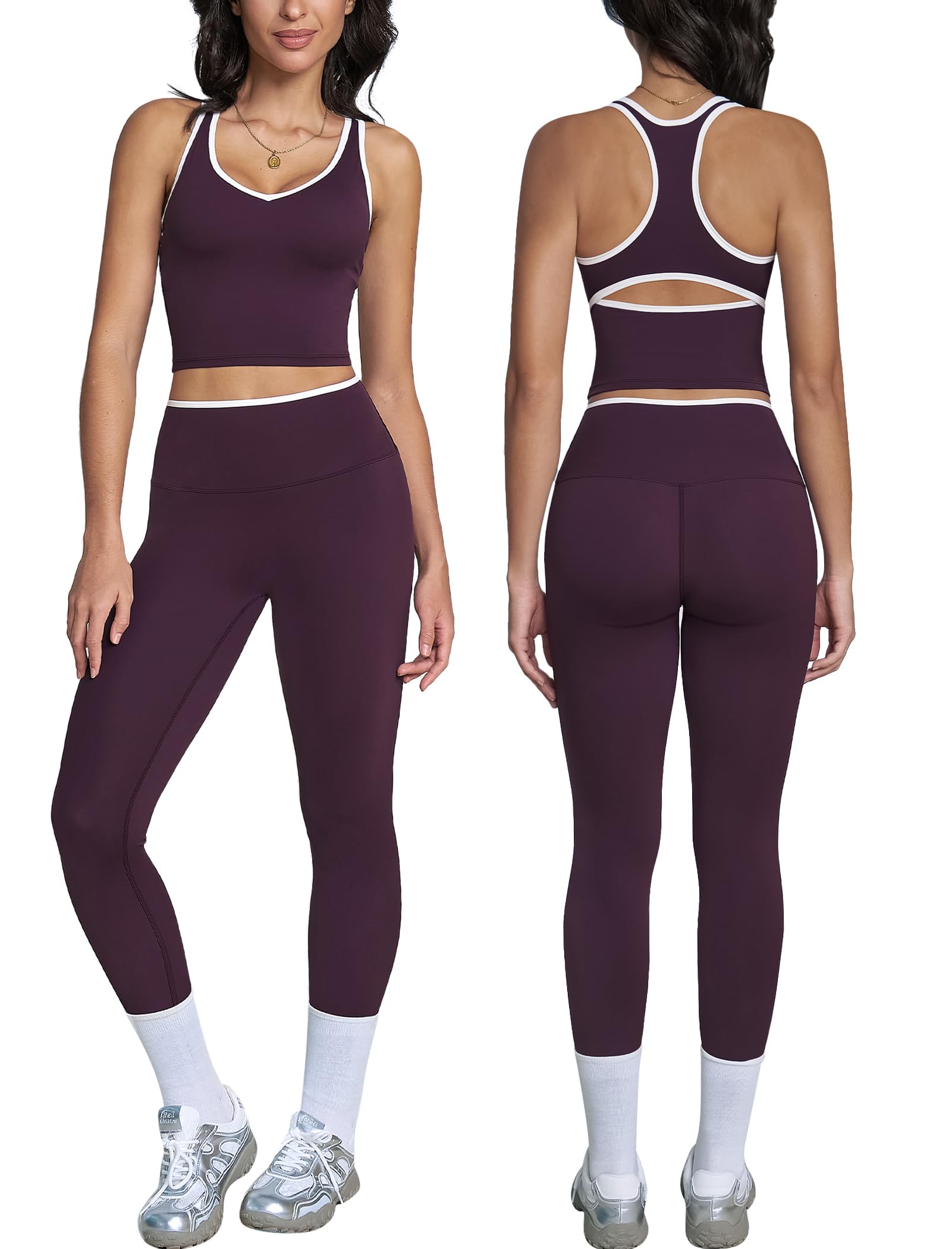 Womens Color Block Workout Sets Racerback Tank Top High Waist Leggings Gym Set Yoga Pilates Outfits-image-38