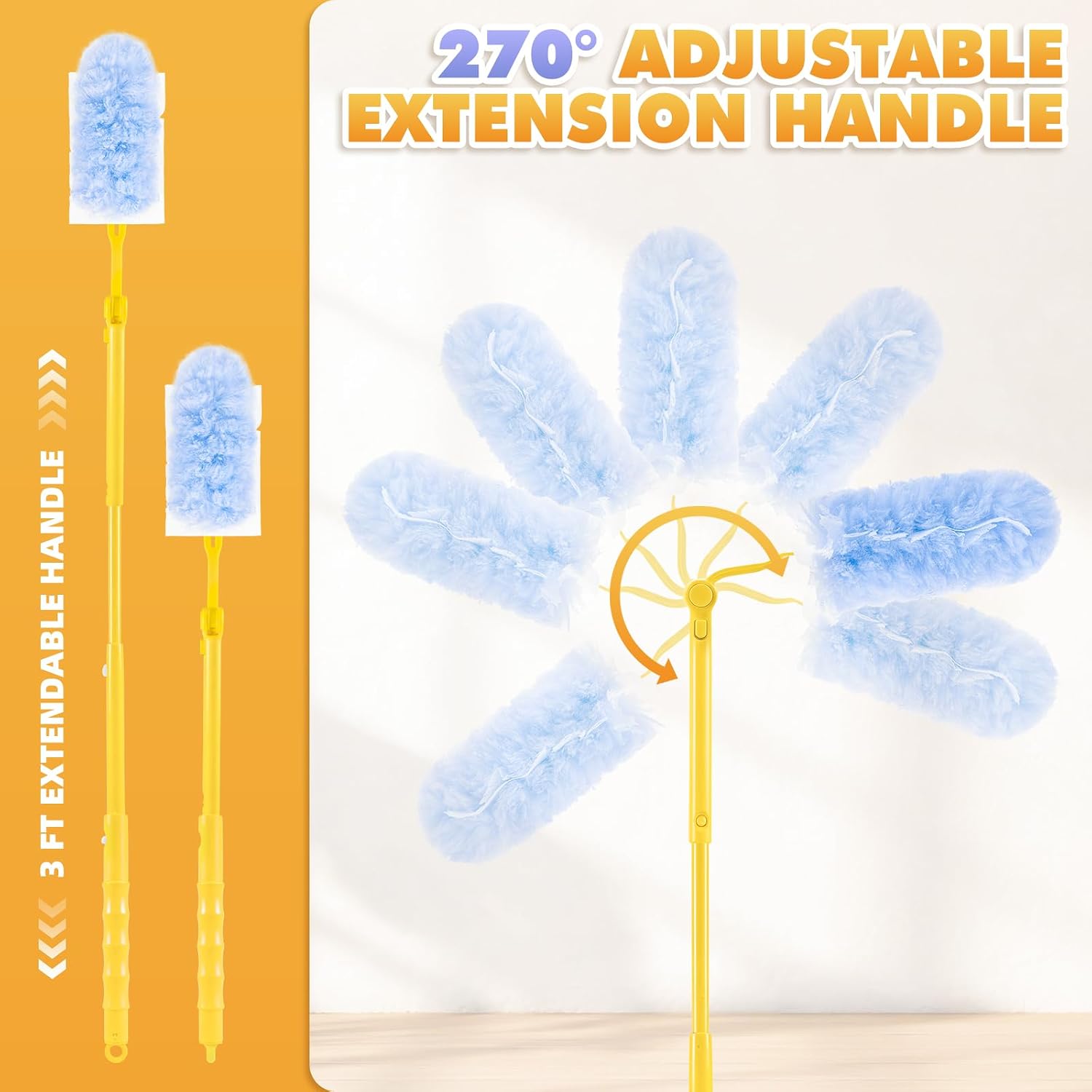 60 PCS Duster Refills for Swiffer Duster, 360 Heavy Duty Duster Refills with 3 FT Extended Handle and Short Handle, Disposable Dusters for Cleaning Ceiling Fan, Blinds, Vent, Furniture