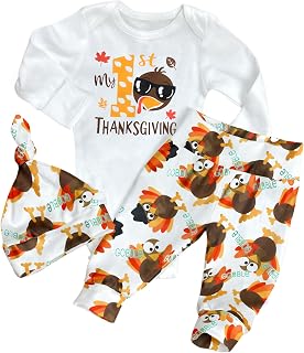 Baby Boy Thanksgiving Outfit My First Thanksgiving Long Sleeve Romper Turkey Print Pants Hat 3Pcs 0-12 Months