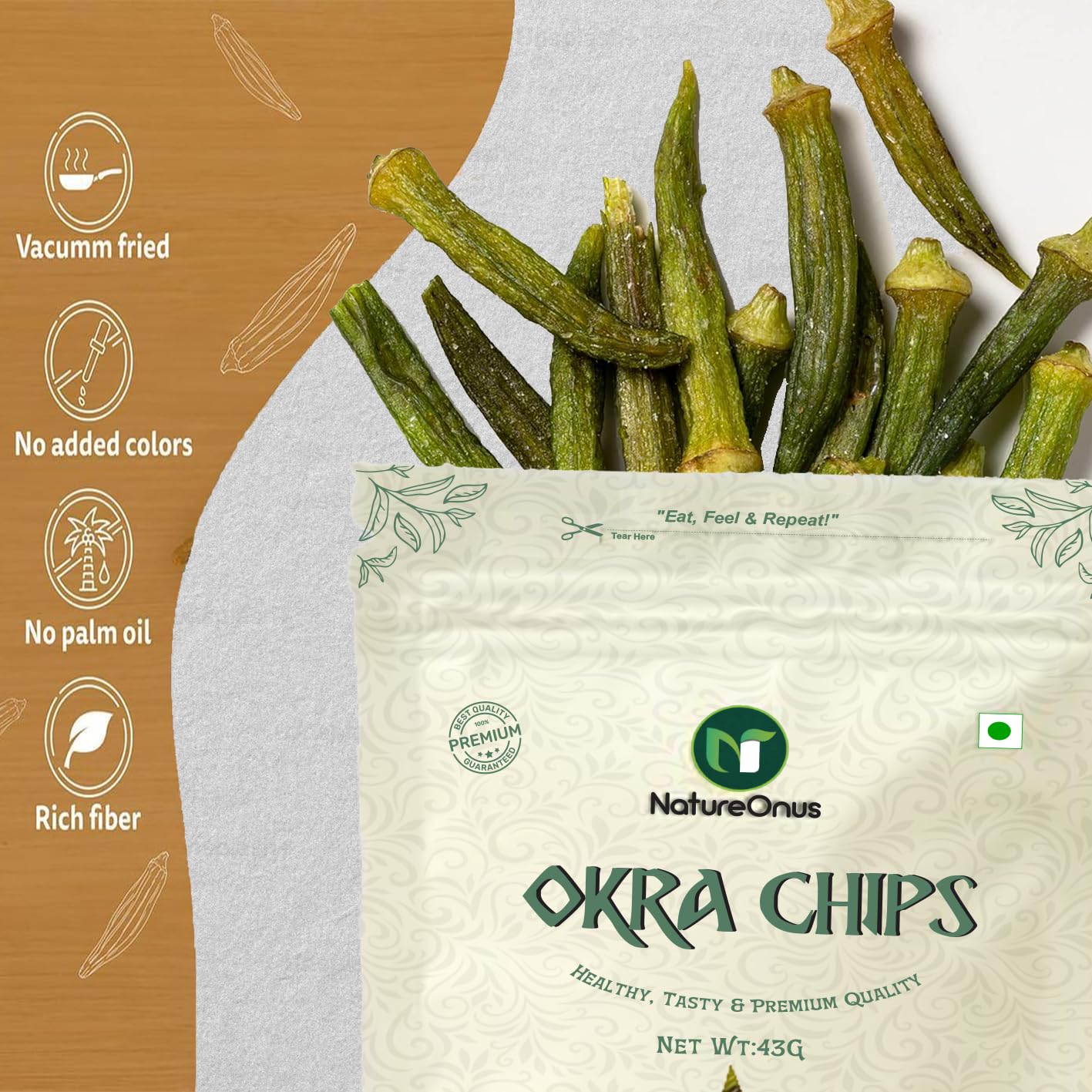 NatureOnus Vacuum Fried Okra Chips 43g - Pack of 3 | High in Protein and Fiber | No Preservatives, No MSG | Zero Trans Fat & Cholesterol | Gluten Free | Crunchy Vacuum Cooked Snack- 129g 2
