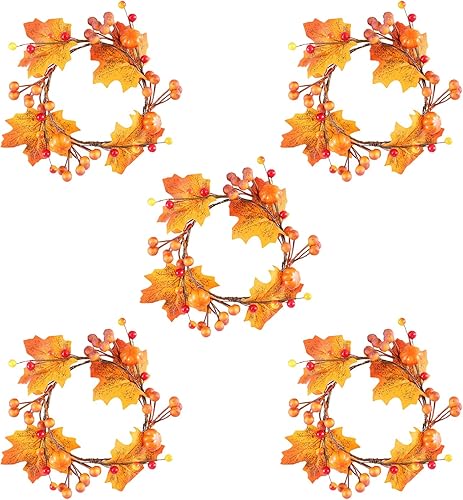 FQQWEE 5 anillos de vela de otoño, coronas, anillos de vela de cosecha, calabaza artificial, hoja de arce, anillos de guirnalda con bayas, anillos