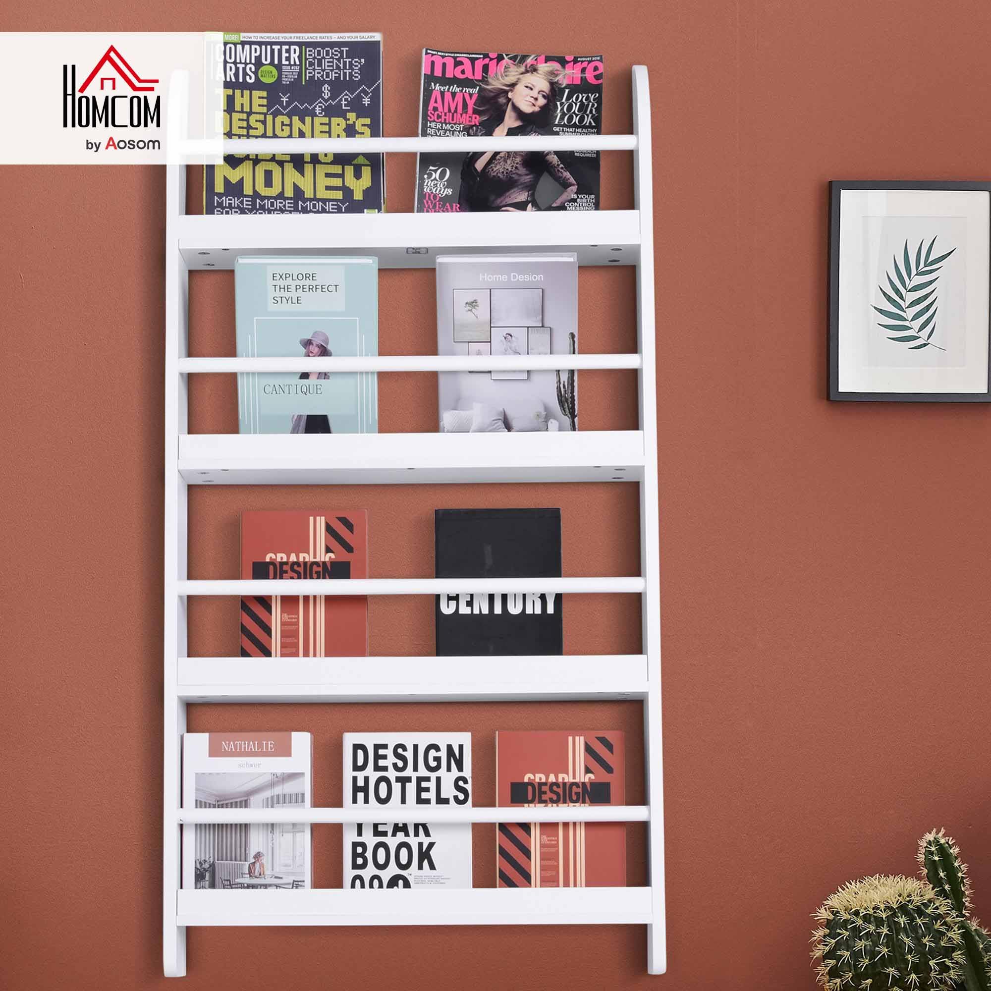 HOMCOM Estantería de Pared de Libros con 4 Estantes Librería Infantil para Hogar Oficina Carga 30kg 59x12x113 cm Blanco