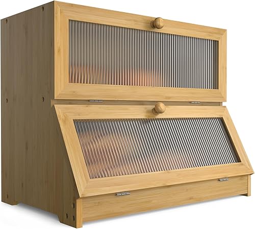 Miniatura 7 de Panera de bambú de doble capa para encimera de cocina, contenedor de almacenamiento de gran capacidad para pan, panera rústica con ventana (negro)