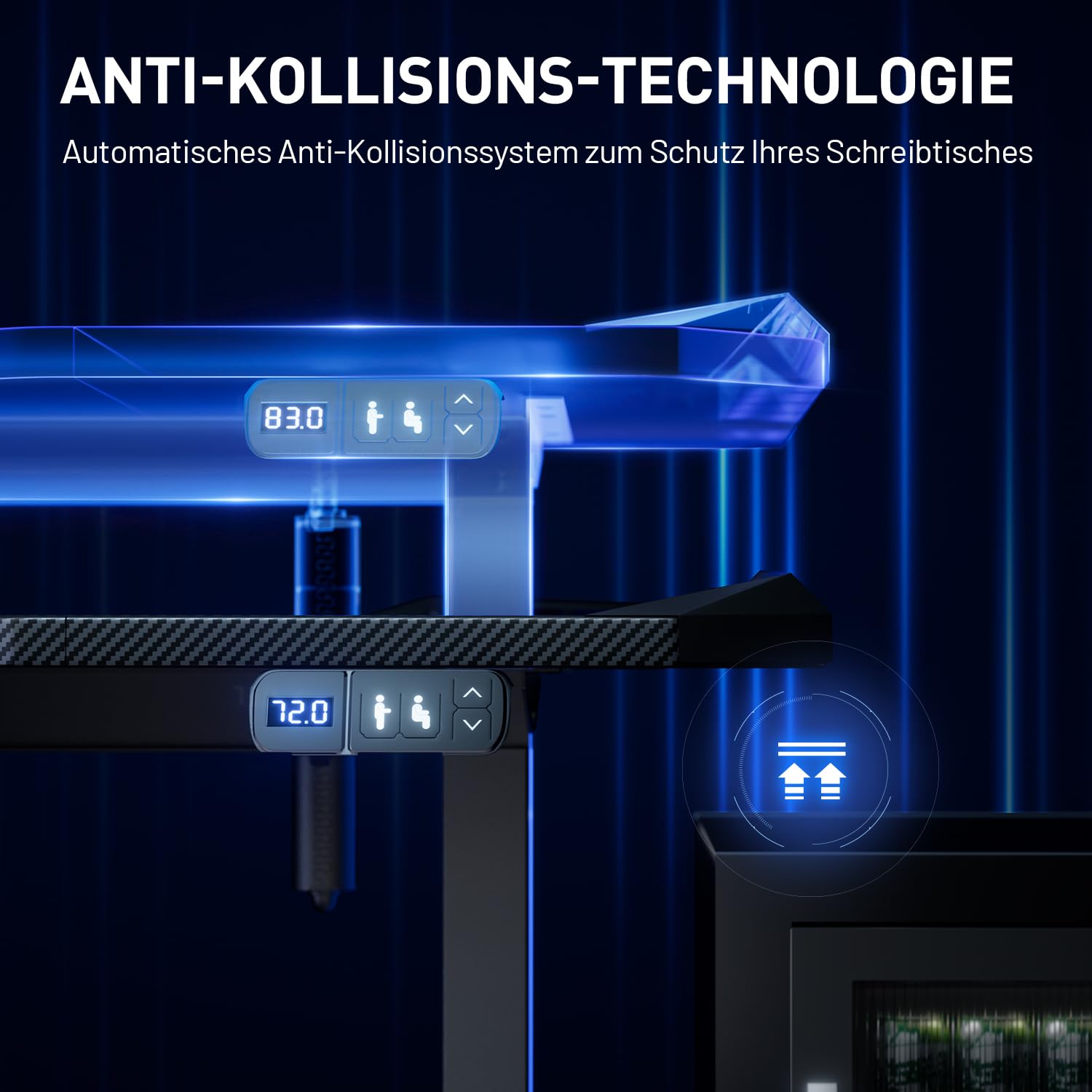 HLONONE Höhenverstellbarer Schreibtisch 120 x 60 cm, Gaming Tisch mit LED, Elektrischer Schreibtisch, Steh-Sitz Tisch mit Kohlefaseroberfläche, Elektrisch Computertisch mit Funktions-Memory, Schwarz