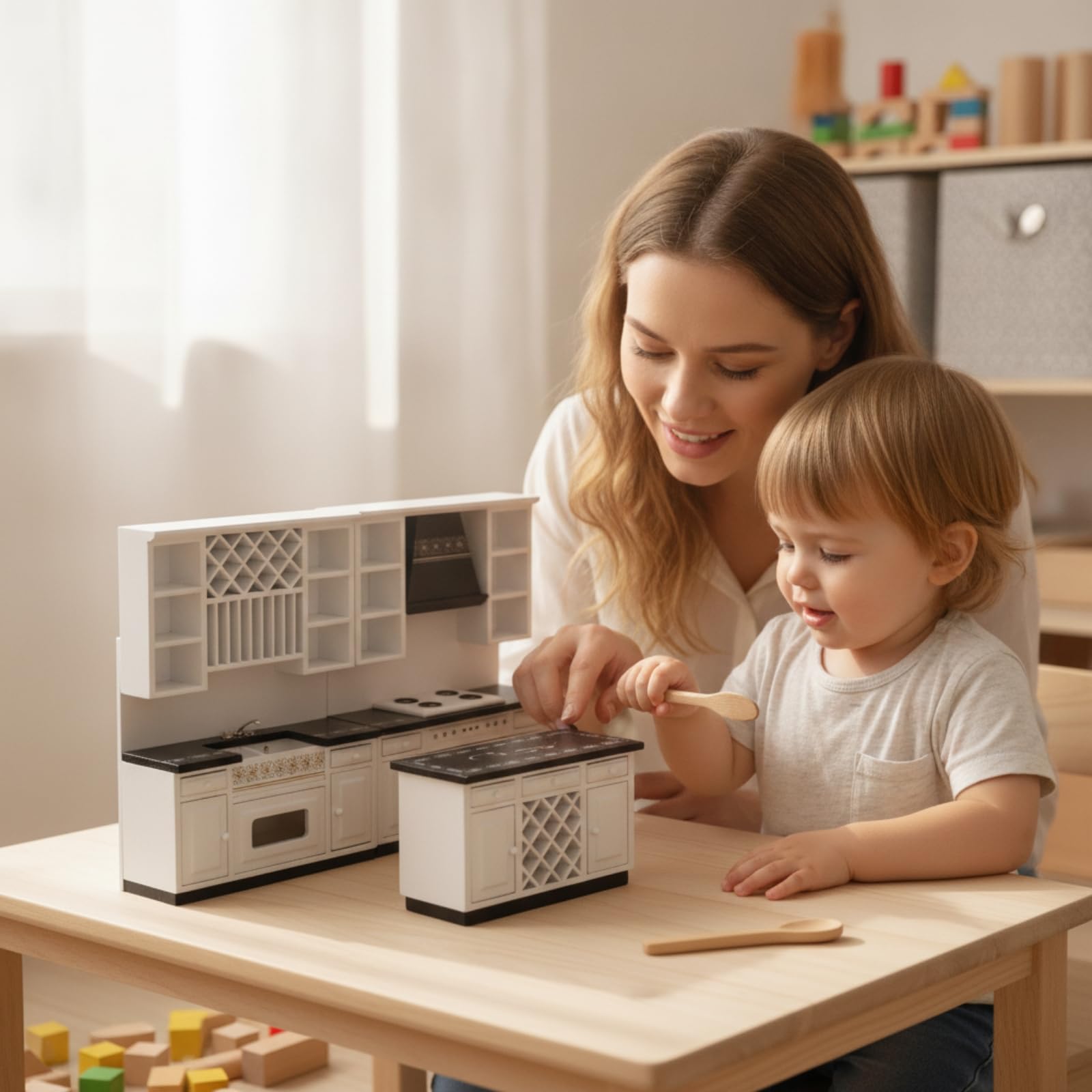Amagogo 3 Stück 1:12 Miniatur-Küchenmöbel aus Birken modern dekoratives Puppenhaus-Küchenmodell kompakt Miniaturmöbel für Kreative Ausstellungen