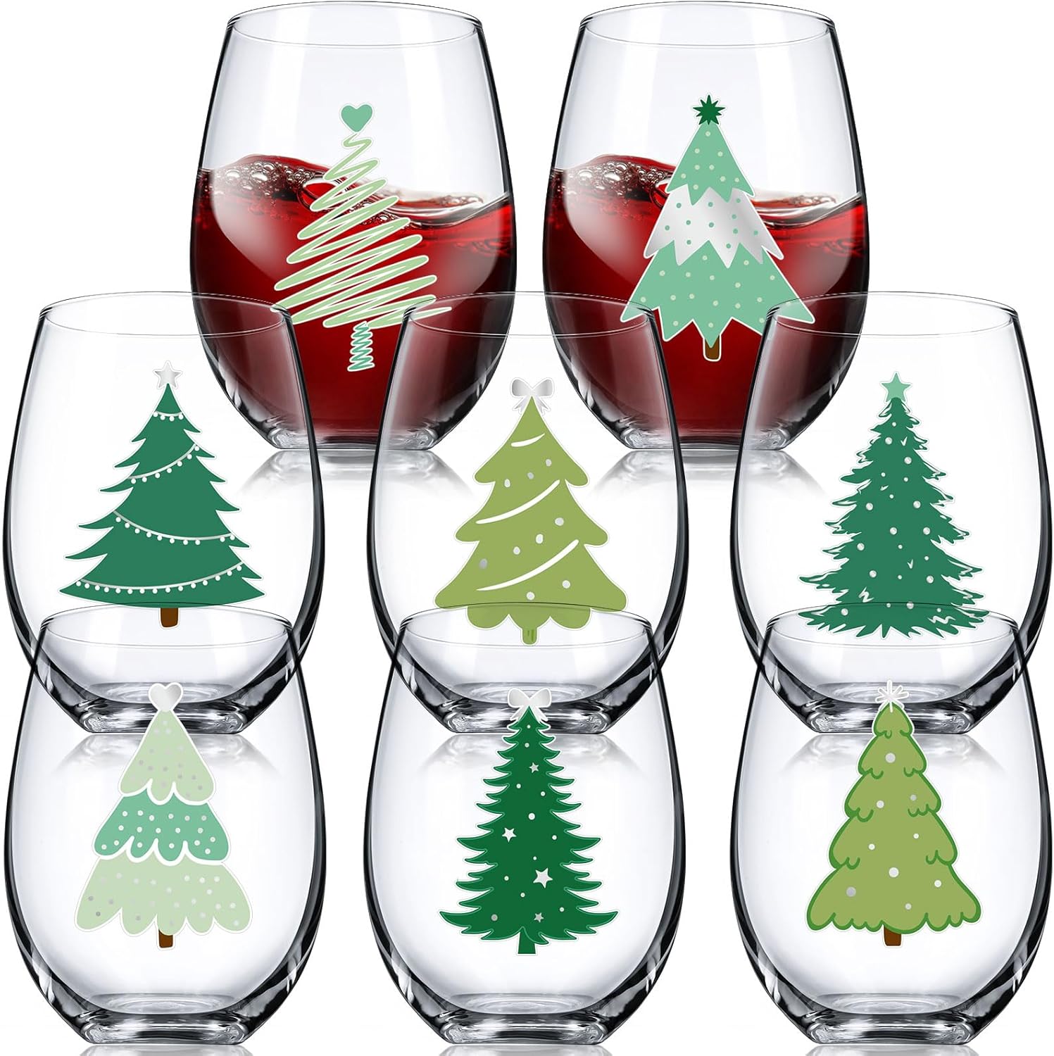 Umigy 8 Pcs Christmas Wine Glasses Green Tree Xmas Stemless Wine Glass 15 oz Winter Green Christmas Tree Glasses for Party Family Holiday Birthday Decoration