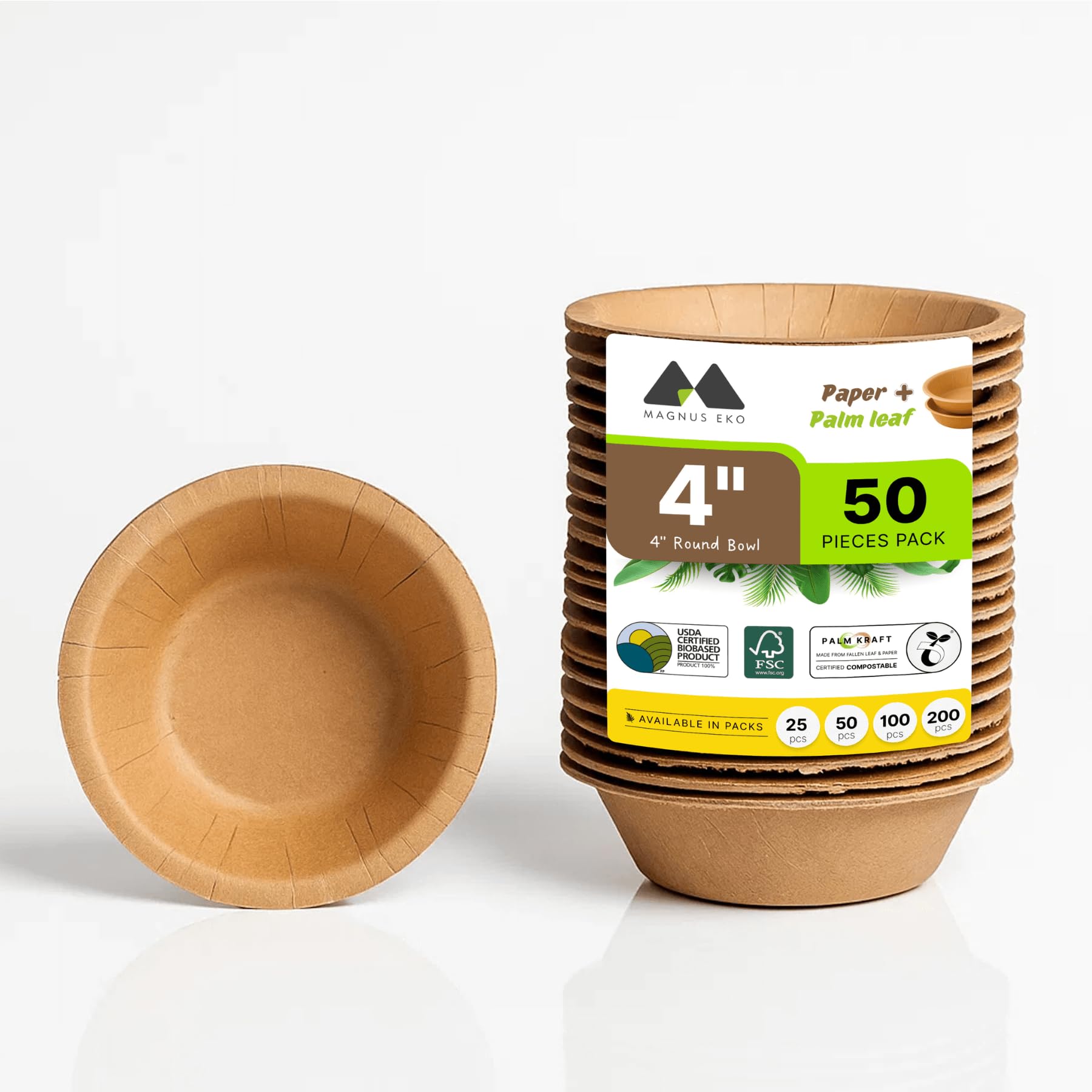 Palmkraft | 4" Round Dessert Bowl (50 Pcs), 4 OZ Disposable Sturdy Bowl Bamboo Like Party Pack, Compostable & Biodegradable Bowls for Desserts, Eco Friendly Alternative to Plastic