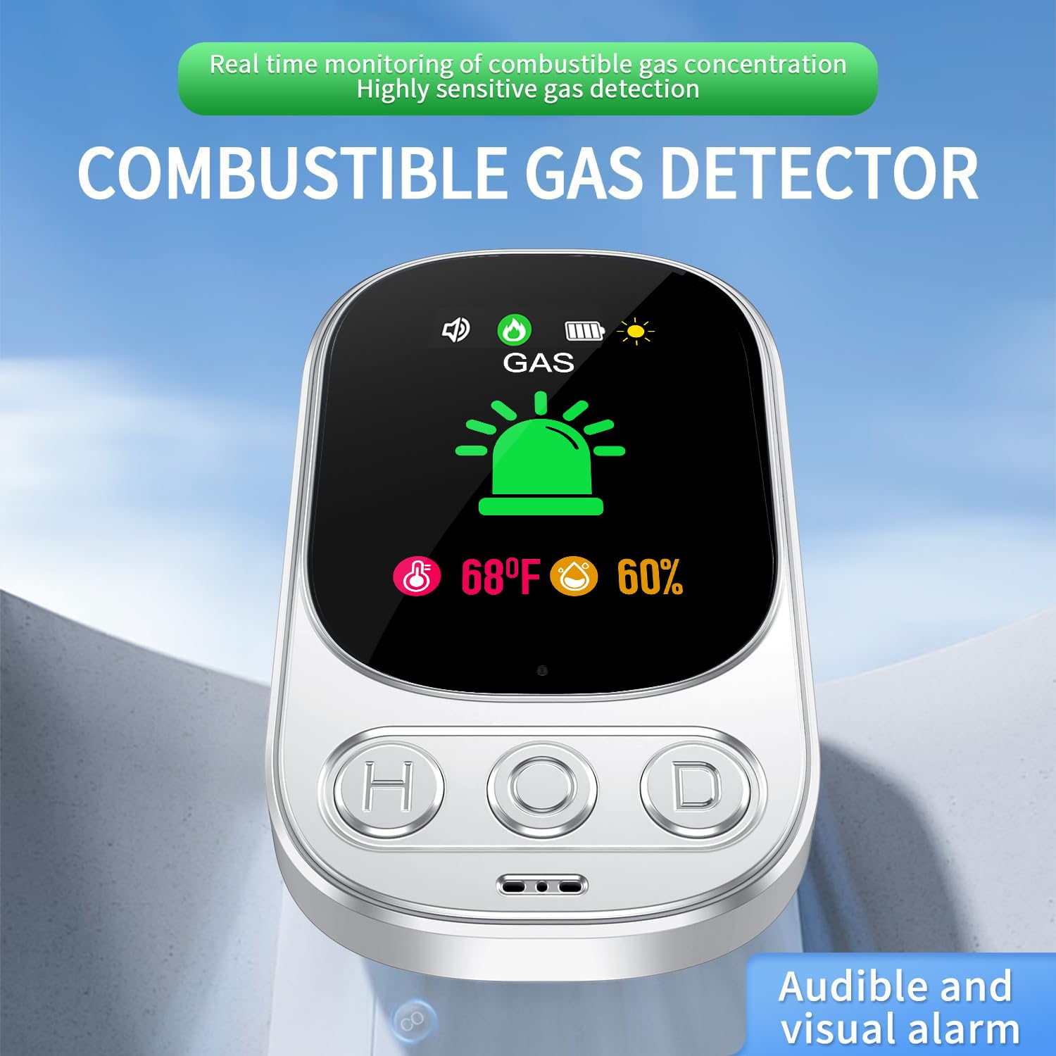 Gasmelder mit Stecker für Haus, Gaswarnmelder Erdgasmelder für Zuhause, Gaswarner für Erdgas LPG Methan Ethan Propan Butan, mit Wiederaufladbarer Batterie, Weiß, HD05-B-0904