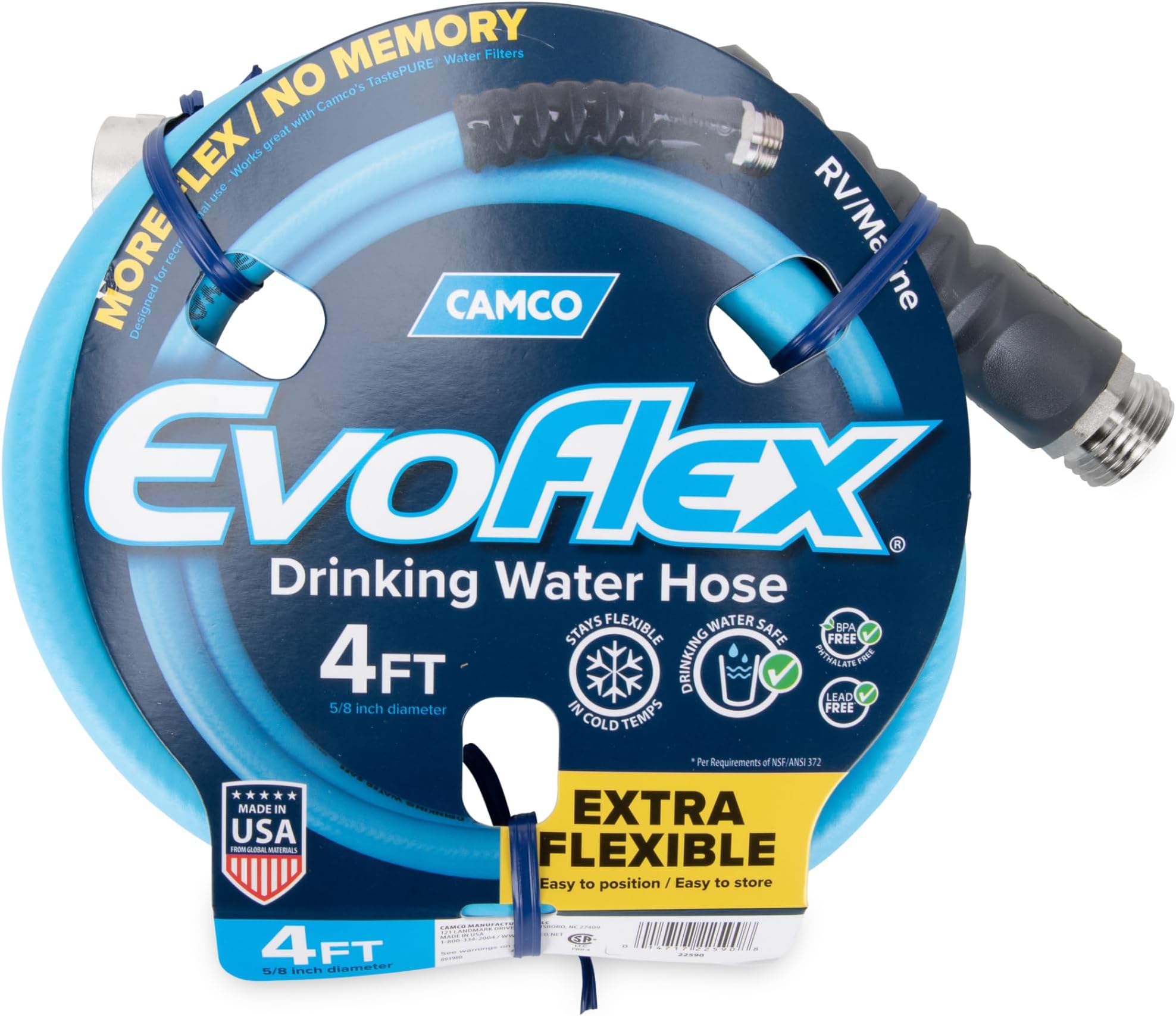Camco EVOFlex 4-Ft RV Drinking Water Hose - Features Extra Flexible Design w/Stainless Steel Strain Relief Ends - Lead-Free, BPA-Free and Phthalate-Free - 5/8โ ID (22590)