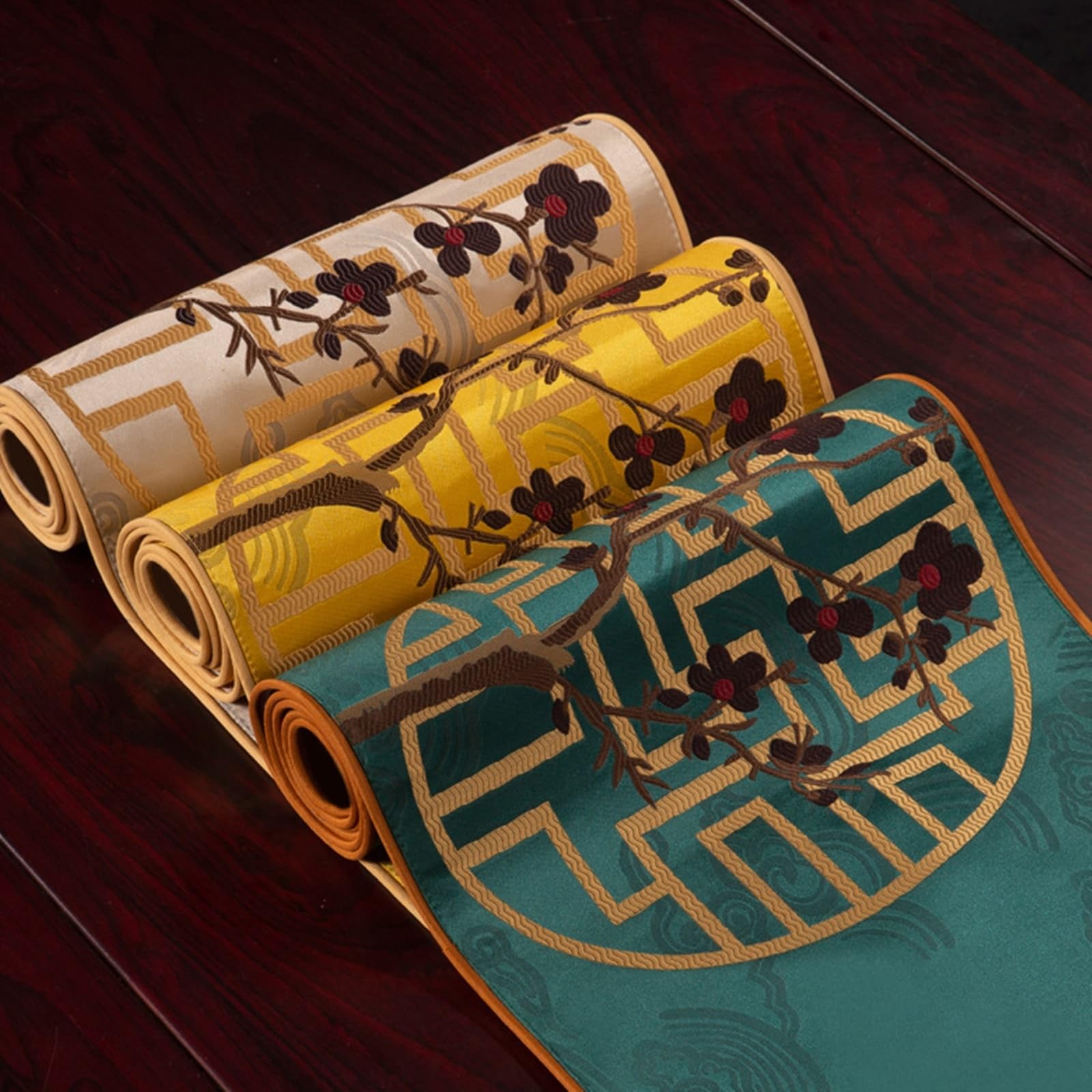 Mantel para mesa jacquard, diseño de flores, árbol con borlas, caminos de mesa de poliéster, color dorado y amarillo, camino de mesa para bodas y fiestas de novia, 33 x 240 cm