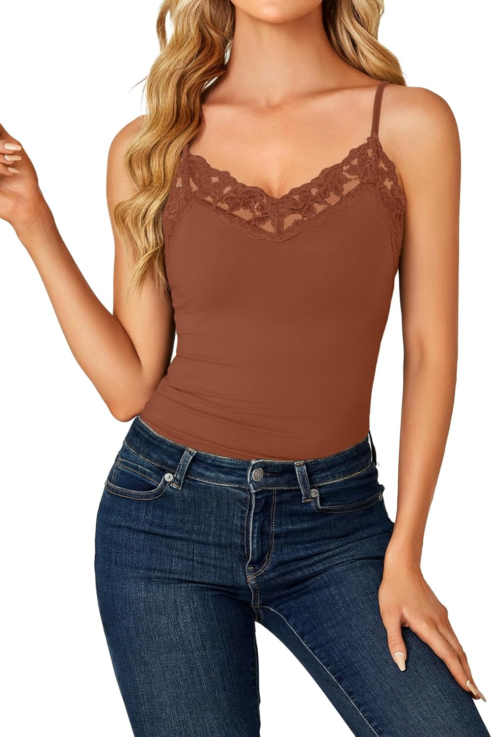 LYANER Women's Lace V Neck Camisole Adjustable Strap Cami Sleeveless Tank Undershirt Top