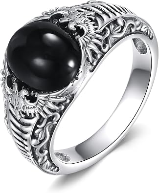 Double - Headed Eagle Genuine Black Onyx Ring for Men, 925 Sterling Silver Vintage Real Gemstone Pinky Thumb Western Oval Black Onyx Ring for Dad Father Husband Eagle Lover