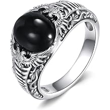 Double - Headed Eagle Genuine Black Onyx Ring for Men, 925 Sterling Silver Vintage Real Gemstone Pinky Thumb Western Oval Black Onyx Ring for Dad Father Husband Eagle Lover